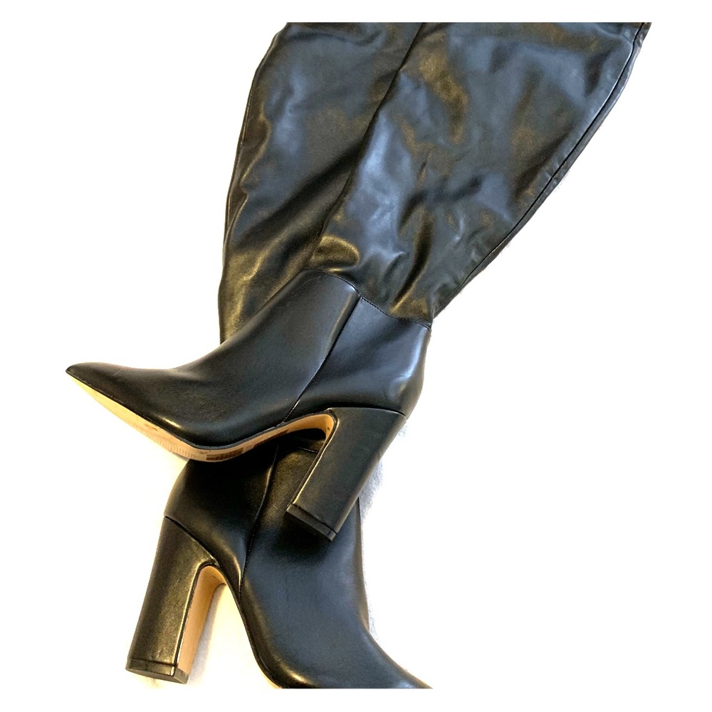 Black Pointed Toe Leatherette Knee High Boot